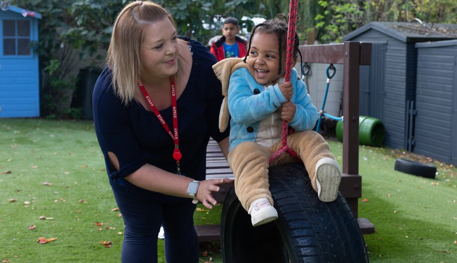 Child having fun swinging on a tire