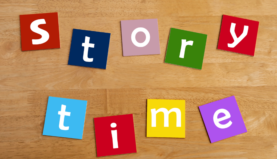 story time spelt out in letters on coloured cards