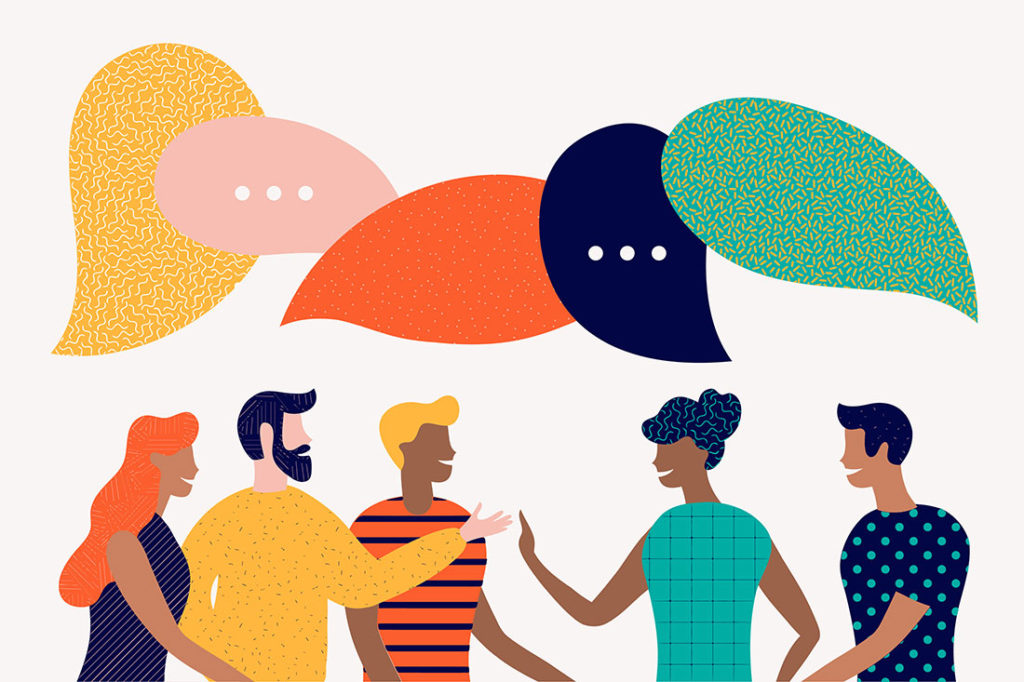 Cartoon of a group of people talking, with speech bubbles containing ellipses