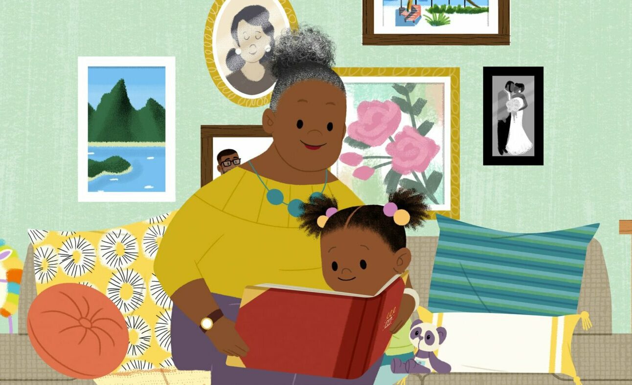 The cartoon characters JoJo and GranGran reading a book together