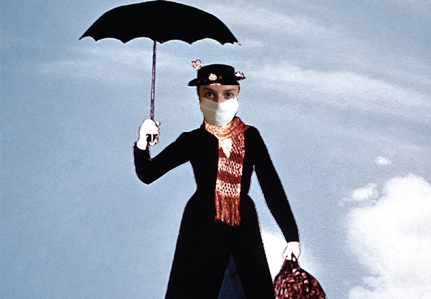 Mary Poppins with a face wearing a face mask superimposed