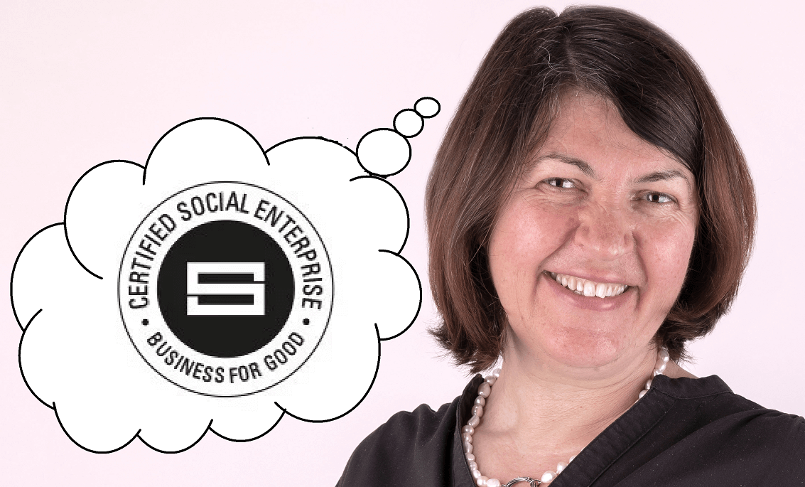 Photo of June O'Sullivan with a thought bubble containing the Certified Social Enterprise logo