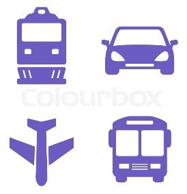 Four icons representing travel by rail, car, plane and bus