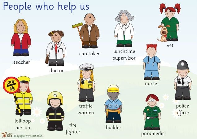 Cartoons of a variety of people who help us such as paramedics and police officers