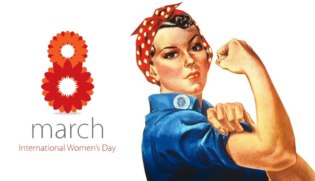 International Women's Day logo next to an image of Rosie the Riveter