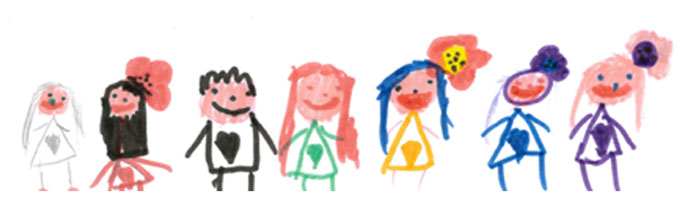 A child's drawing of seven people with brightly coloured clothes and hair