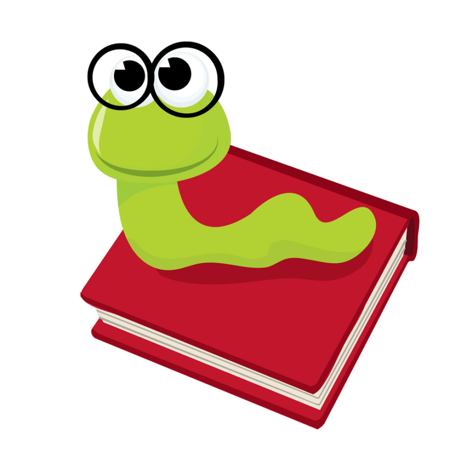 Cartoon style image of a bookworm sitting on top of a book