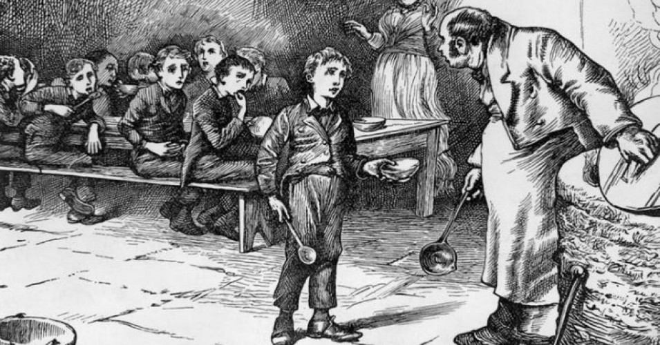 Black and white drawing of Oliver Twist with an empty bowl