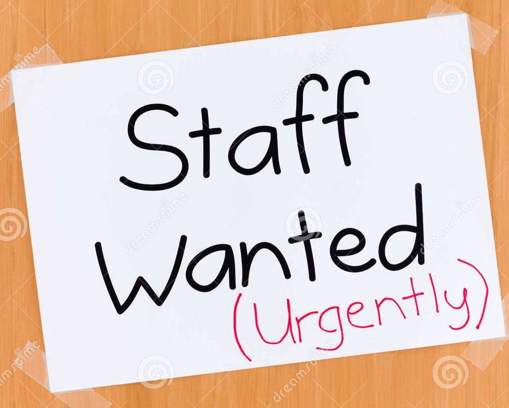 cartoon sign saying Staff Wanted Urgently