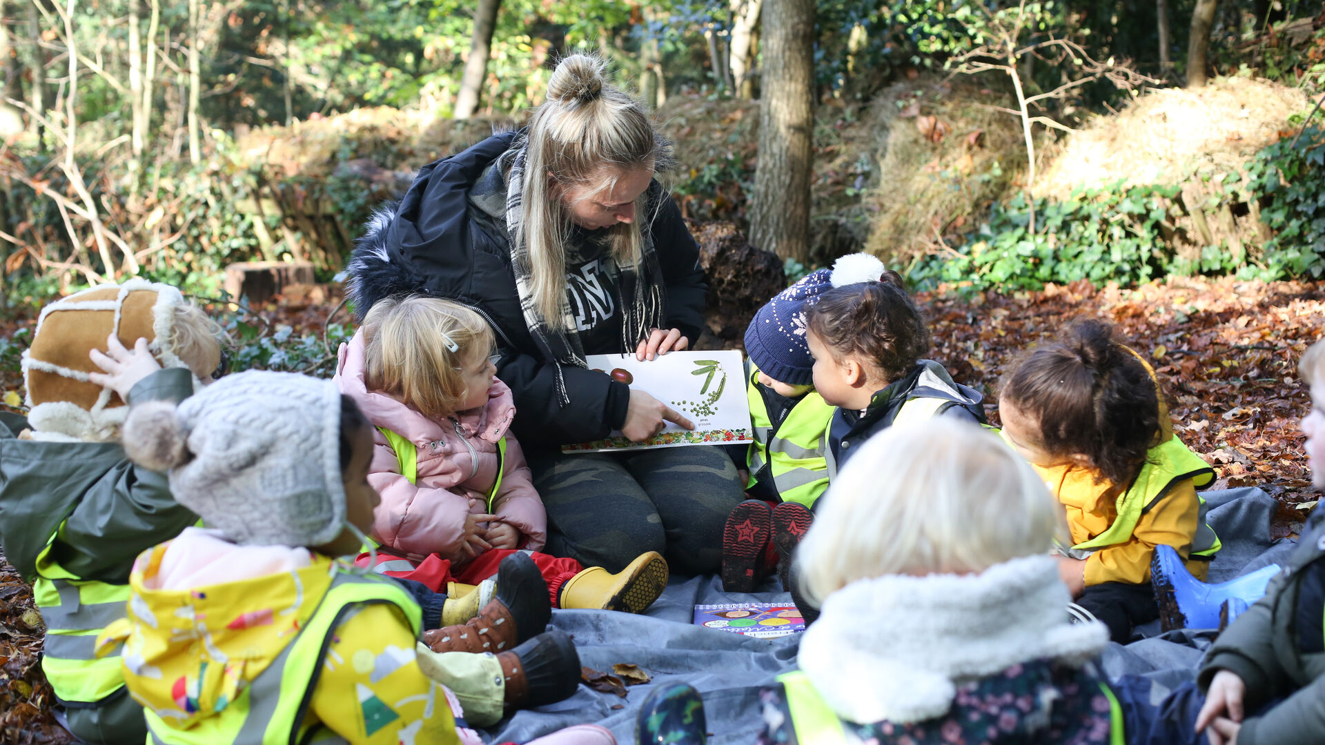 Children sitting in the forest with their teacher reading a book