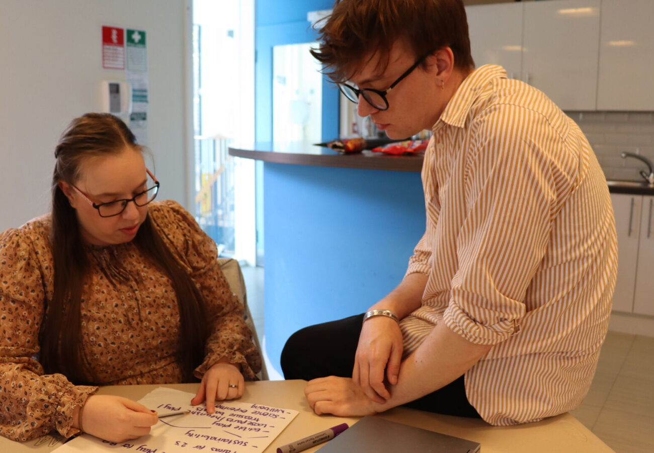 A LEYF degree teacher working one-on-one with an Early Years Teacher during a training session at our Marsham Street Nursery